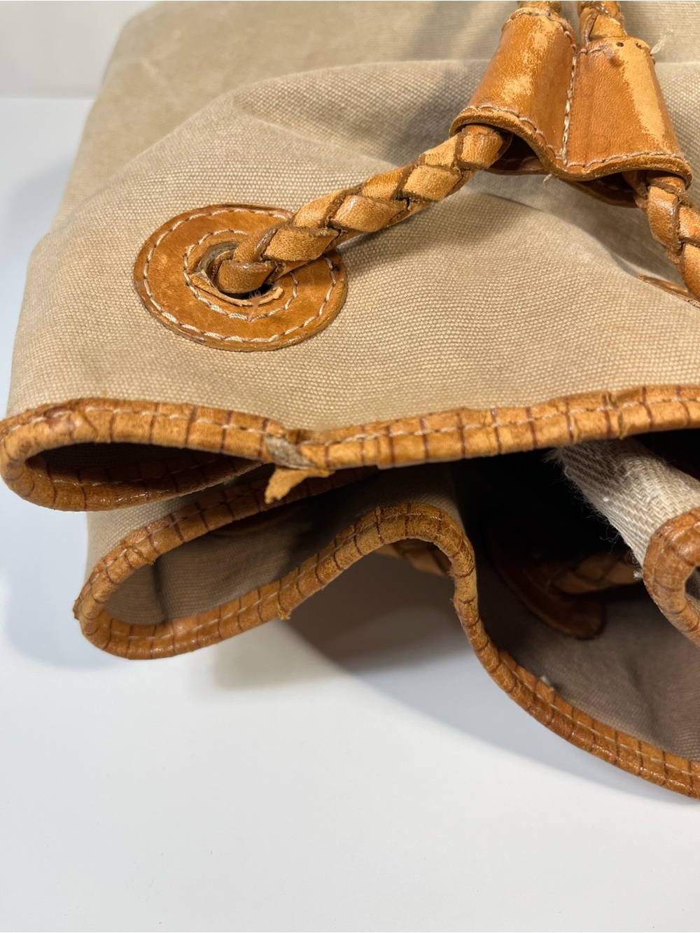 Vintage Fossil Canvas Bucket Backpack Purse Woven Leather Pattern - Picture 6 of 12